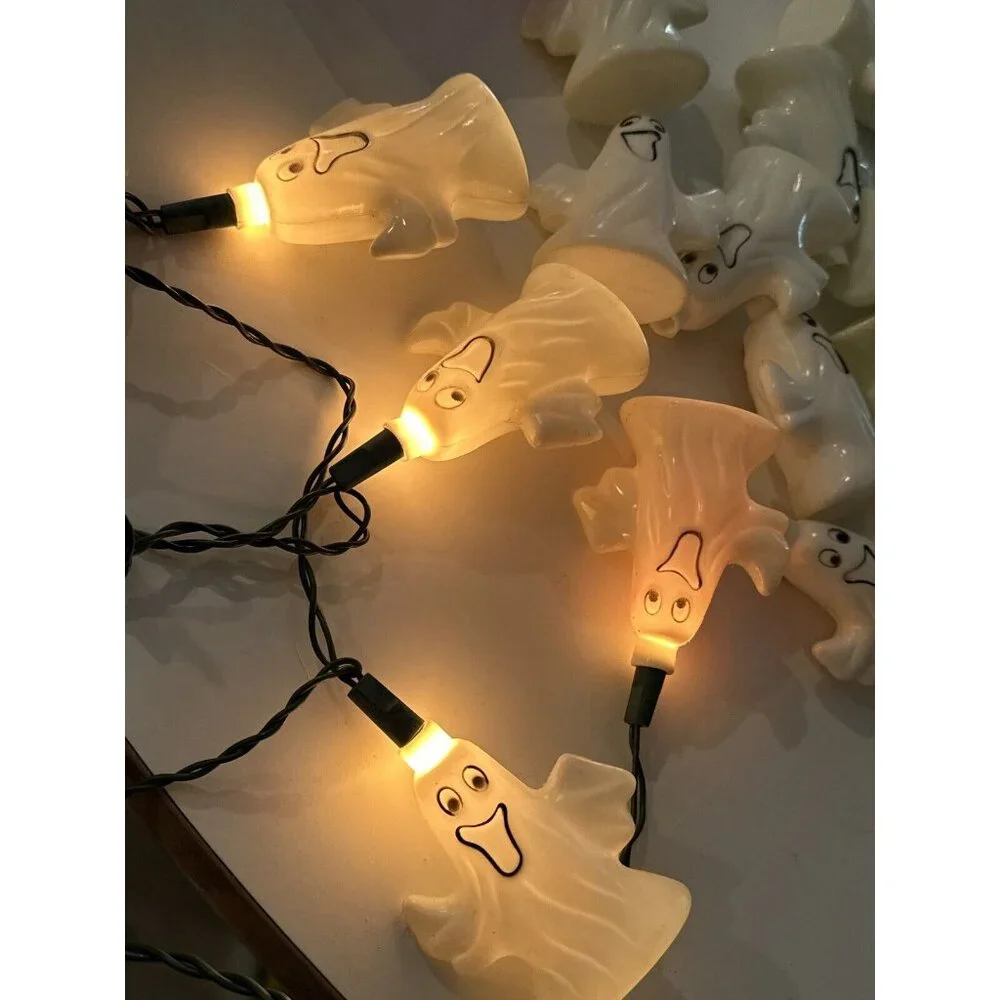 Vintage Halloween Blow Mold Hard Plastic 15 String Lights Ghost Works Two Side